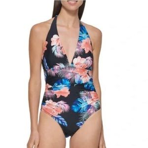 Dkny - Floral Halter Top One Piece Swimsuit